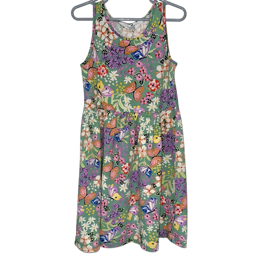 H&M Girls Green Floral Butterfly Casual Cotton Sleeveless Tank Dress Size 6X/7